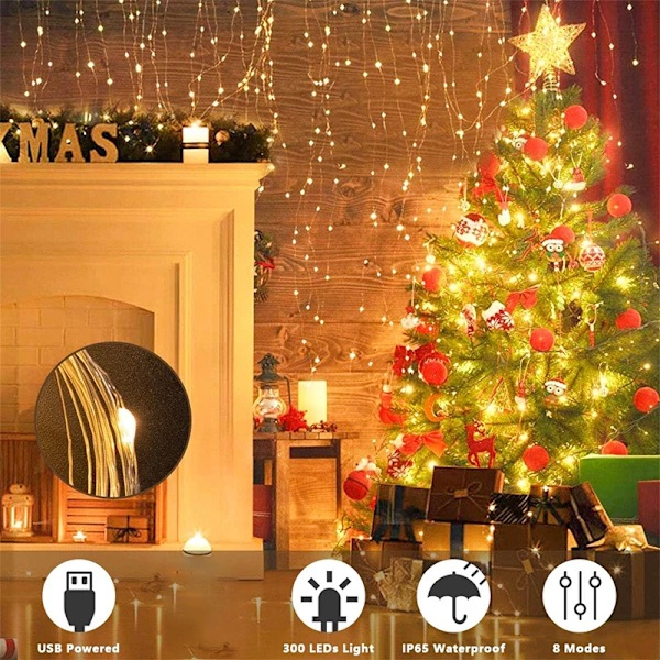 3M LED-lysstreng Fe-dekoration USB-drevet Gardinlys 8 Tilstande til Hjem Have Julefest Nytår Bryllup Varmt Hvidt Warm White 200LED(3M x 1M)