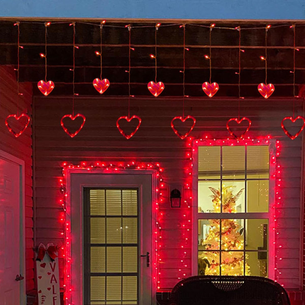 Valentine Lights - Röda hjärtljus för inomhus- och utomhusbruk - Fönsterdekoration med 126 LED 12 hjärtgardinljus - Hjärtslingaljus