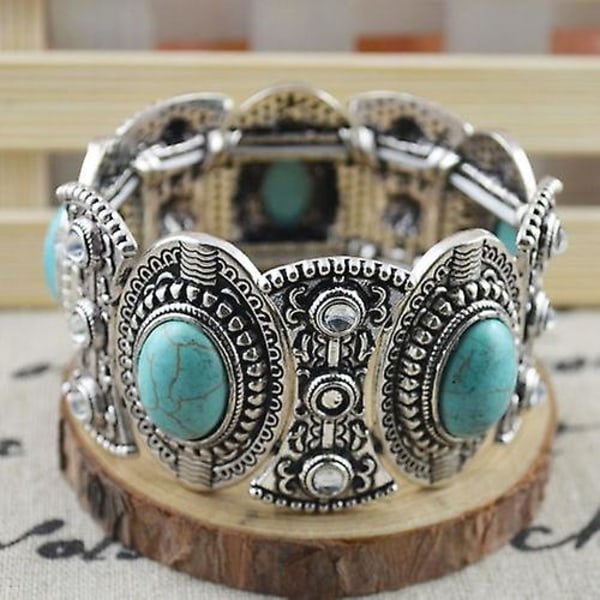 Fornnerg Retro Damklocka Oval Turkos Utskuren Tibetansk Armring Boho Smycken