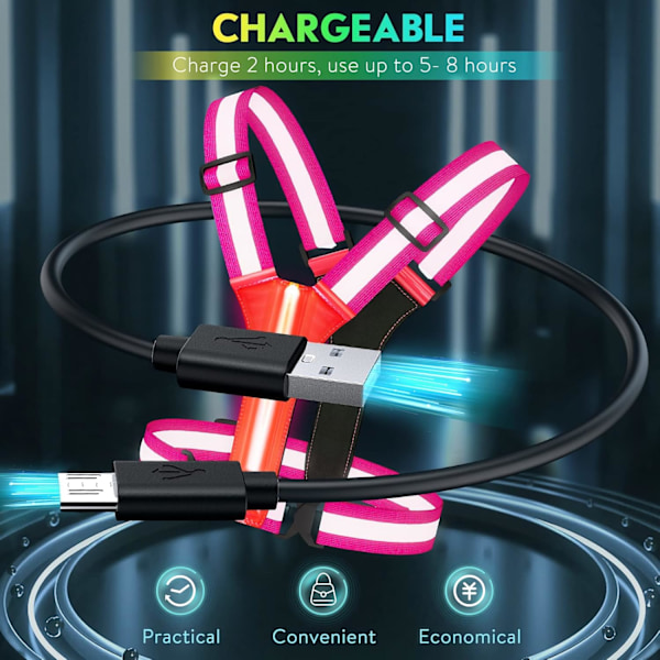 LED-Reflekterende Vest, USB Genopladelig, Justerbar Talje/Skulder - Pink
