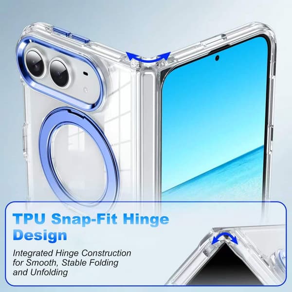 Magnetiskt fodral för Google Pixel 9 Pro Fold, kristallklar PC-baksida med flexibel TPU-ram, 360° roterbart ringstativ, blått