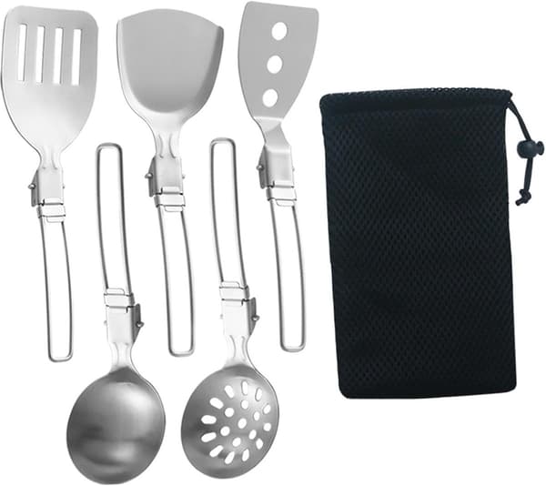 6-dele camping køkkenredskabssæt, 304 rustfrit stål foldbare håndtag, bærbar opbevaringstaske til vandreture, picnics og grillfester