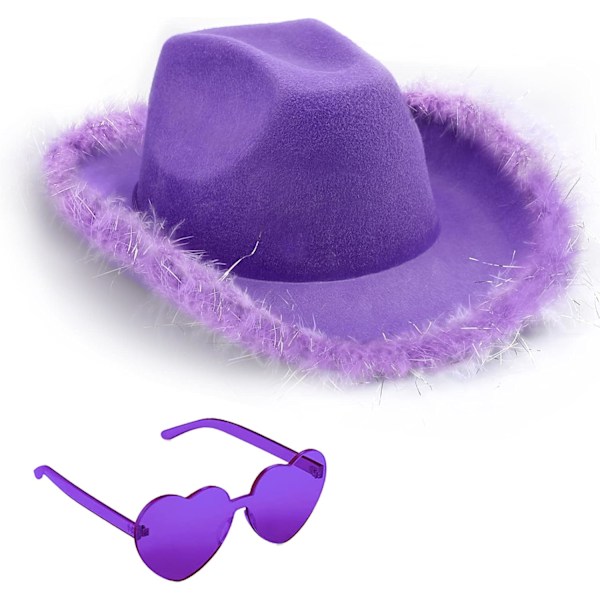 Cowboyhatt Halloweenkostyme Cowgirlhatt med Hjerteformede Briller, Kle deg opp Bursdag Halloween Cowgirlkostyme, Bachelorette Party Tilbehør Purple M-L