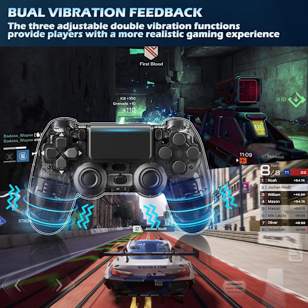 Trådløse Controllere 2-pak til PS4/Slim/Pro, Controllere til PlayStation 4 med Dobbelt Vibration/3,5 mm Lyd/Opladningsport og 2 stk. Kabler sort black
