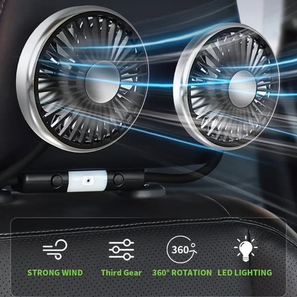 Dobbelthoved Bilsæde Ventilator med LED-Lys – 3-Hastigheder 360° Roter USB-strøm Til SUV, Lastbil, Bilventilator_OF