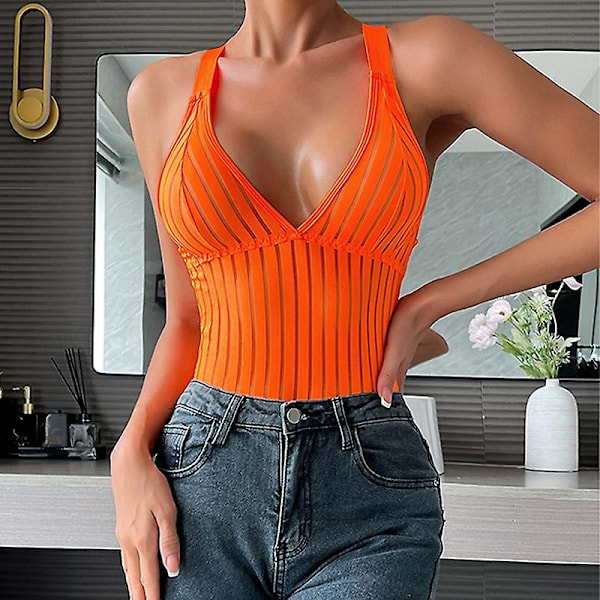 Naisten avohaaraiset sukat, alusvaatteet, teddy-yöpaita, syvä V-aukko, babydoll, vyö, täydellinen oranssi väri Orange Color L