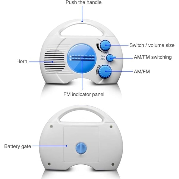 Galaxy Vedenkestävä suihkuradio, suihkukaiutin AM/FM-radiolla, ripustettava radio, paristot eivät sisälly