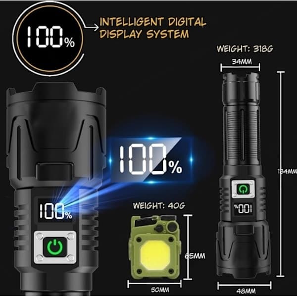 LED Flashlight A09 set – 6000 Lumen, 50W, Rechargeable & Tactical & COB survival Black