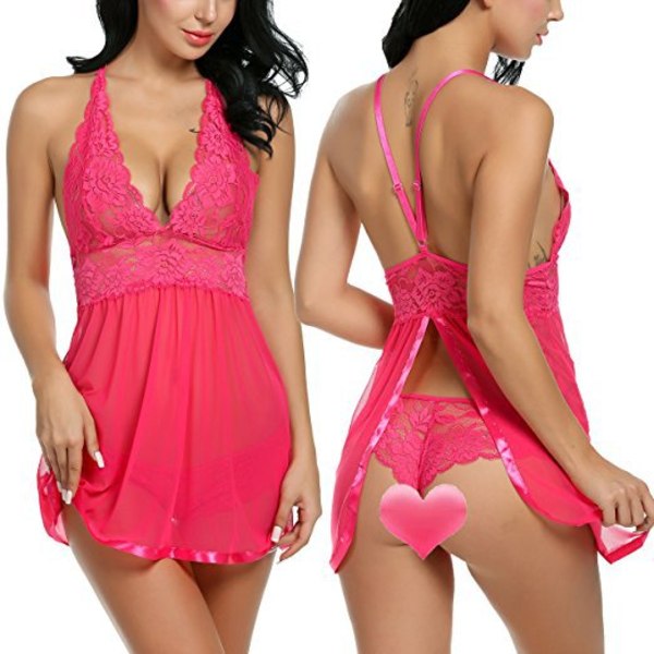 Underwear sexet gennemsigtig blonde mesh hals negligee Valentinsdag rosarød rose red S