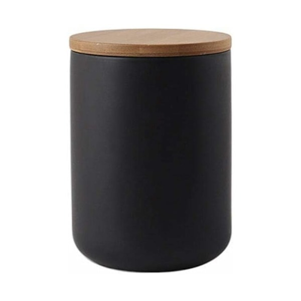Keramisk förvaringsburk med trälock - Portabel och lufttät - för te, socker, kaffebönor, nötter, te - Svart (800 ml)