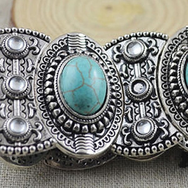 Fornnerg Retro Dameur Oval Turkis Udskåret Tibetansk Armring Boho Smykker
