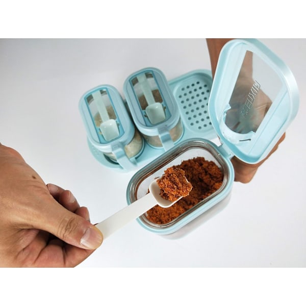 (Blå färg) 3-pack kryddburkar i transparent glas med bricka