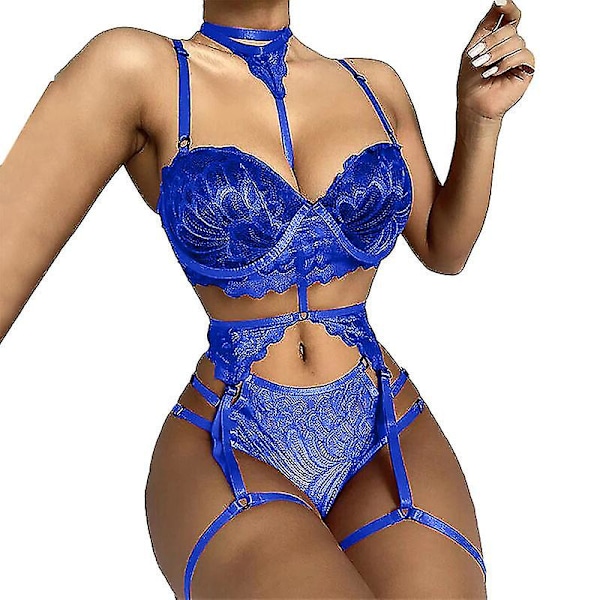 Sexy undertøy for kvinner, blondeundertøysett med strømpebånd Blå Blue XL