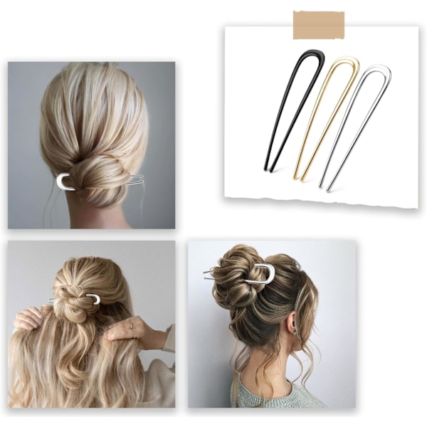 3 kpl Ranskalainen Hiusneula Metalli 14cm/5.5in Ranskalainen Neula Ranskalainen Twist Hiusneula U-muotoinen Hiushaarukka Kulta Hopea Musta Hiusneulat Iso Nuttura