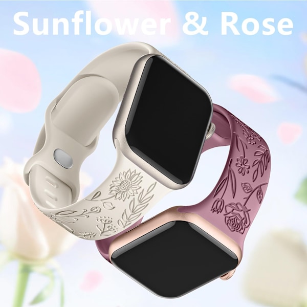 Armband till iWatch S9 876SE Apple Watch med präglad liten ros i silikon - aprikos Rose - apricot 42/44/45/49mm