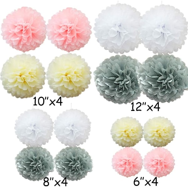 16 stk blandede silkepapirspompomer, pom pom blomster håndlagde bryllupsfest dekorasjoner baller, grå nyanse Grey Shade