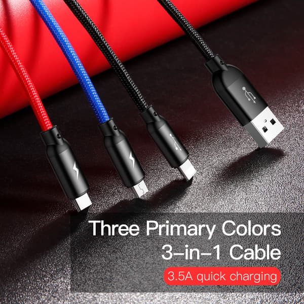Baseus 3-i-1 multilader, USB-C/Lightning/MicroUSB, 3,5A, 1,2m