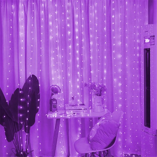 3/4/6M USB LED Gardinlys Lyslenke for Nyttår 2025 Jul Bryllup Bursdag Soverom Ramadan Hjemmedekor Lilla Purple 3x3M 300LED