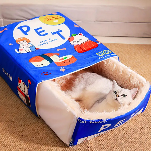 Polyester All-Season Helstängt Rektangulärt Kattsäng - Mysig Snacklåda Design, Perfekt Julgåva till Katter blå
