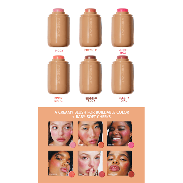 PAGE VINE Fickrouge Stick 6 Farger Leppe og Kinn Vannlys Stick Highlighter Lysner Opp Naturlig Vannlys Hud 02-juice box