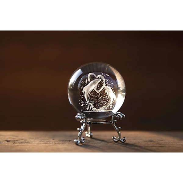 3D Delfinkristallkula med Stativ för Alla Hjärtans Dag-present, Födelsedagspresent - Dubbla Delfiner Kärlekshjärta Ornament