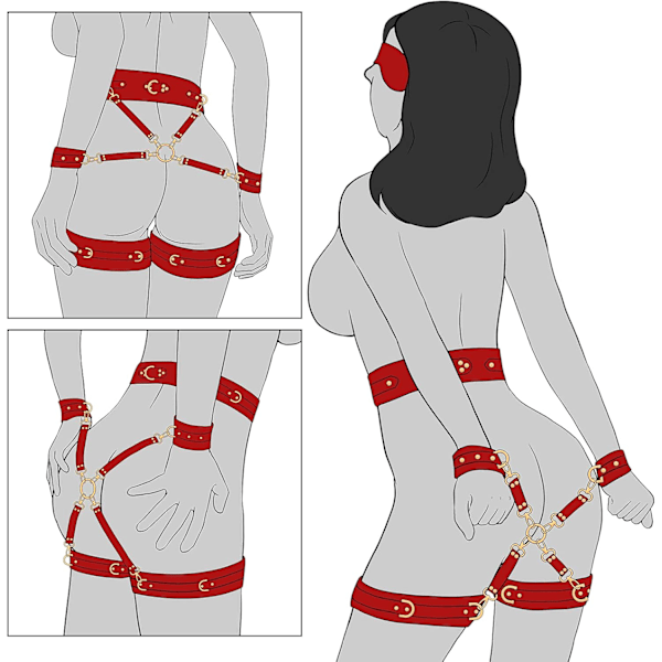 Sexuelt Bondage SM Kit 6 Dele Justerbare Håndjern Fodlænker Lårlænker Blindfold Krydsrem Taljerem Voksenlegetøj Til SM Spil