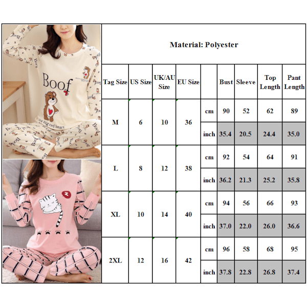 Långärmad pyjamas för kvinnor, 2-delat byxset för kvinnor Rosa hjärtset pink heart pink heart L