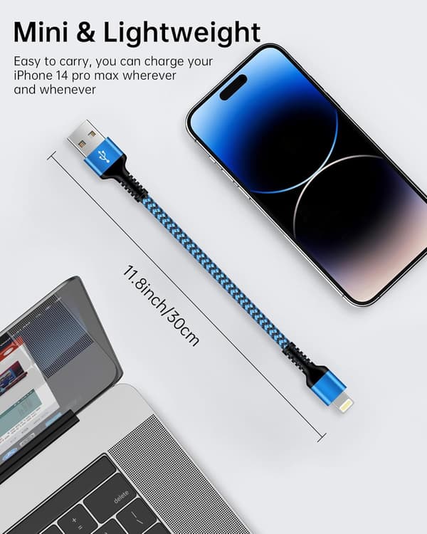 Kort iPhone-laddningskabel, USB A till Lightning-kabel 1FT/2 st Flätad snabbladdningskabel datakabel