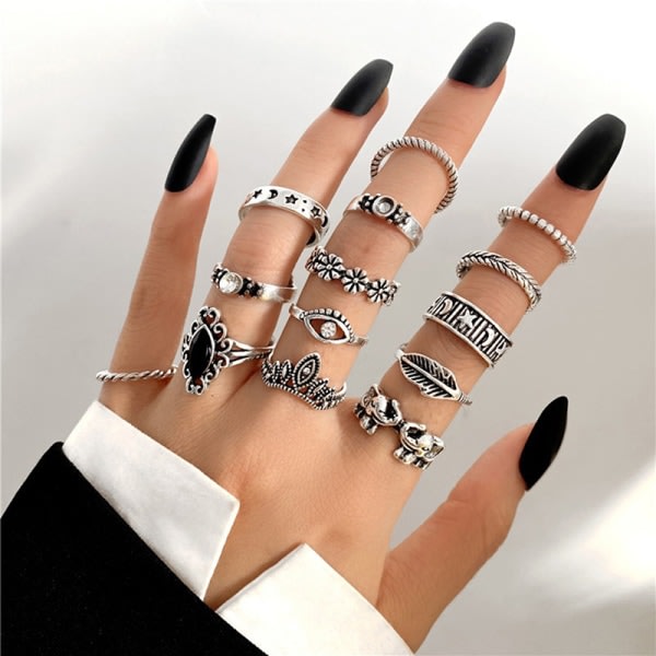 14 st/ set Silver Färg Vintage Finger Ringar Dam Knot Cirkl