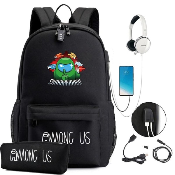 Among Us Ryggsäck Barn Ryggsäckar Skolväska med USB-Port 1 svart stor 6