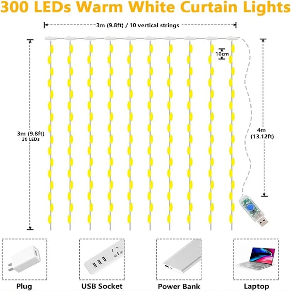 3M LED-lysstreng Fe-dekoration USB-drevet Gardinlys 8 Tilstande til Hjem Have Julefest Nytår Bryllup Hvid White 100LED(3M x 2M)