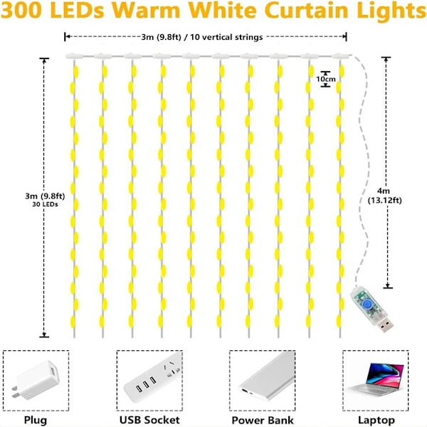 3M LED-valoketju, Keijukoriste, USB-virtalähde, Verhovalo, 8 Tilaa, Koti, Puutarha, Joulujuhlat, Uusivuosi, Hääjuhlat, Lämmin Valkoinen Warm White 300LED(3M x 3M)