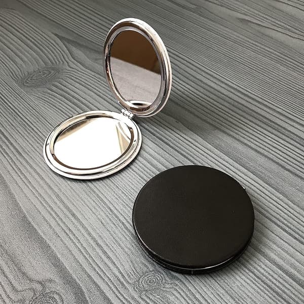 Kompakt foldbart makeupspejl, PU-læder dobbeltsidet med 2x forstørrelse, 8 cm bærbart håndspejl til rejser og daglig brug, sort