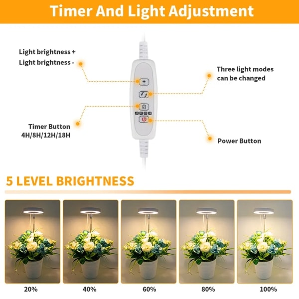 LED fullspektrum plantelampe med 3 lysmoduser, plantelys vekstlampe med timer for innendørs planter, grønnsaker, blomster