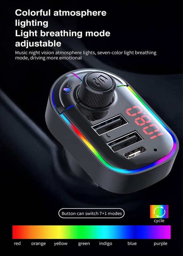 Bil FM-senderadapter, RGB-omgivelseslys Bluetooth 5.0 Trådløs