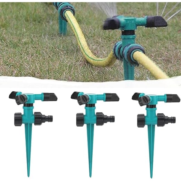 3 stk. 360° Automatisk Græsplæne Vandingssystem, Trearmsroterende Sprinkler