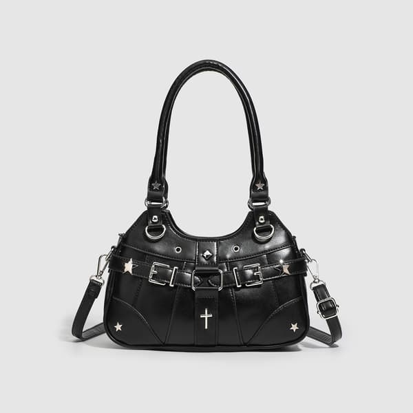 PU Leather Bag with Display Window, Rivet Bag with Adjustable Shoulder Strap BLACK