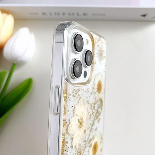 iPhone 13 Pro Transparent Cover med Pressede Ægte Blomster Design, Glitter Sød Hvid Blomstret Mønster Slankt Blødt TPU Beskyttende Kvinde