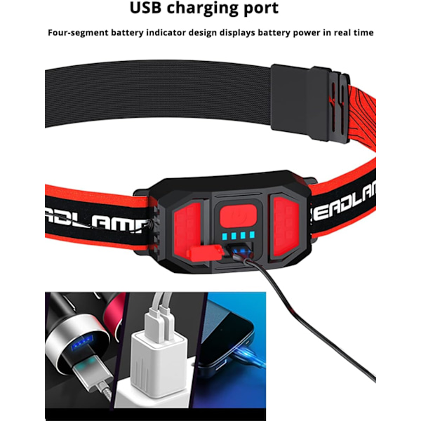 Päälamppu USB-ladattava erittäin kirkas laaja säde COB-päälamppu, 210° valaistus päänvalaisin punaisella valolla, 3 valotilaa