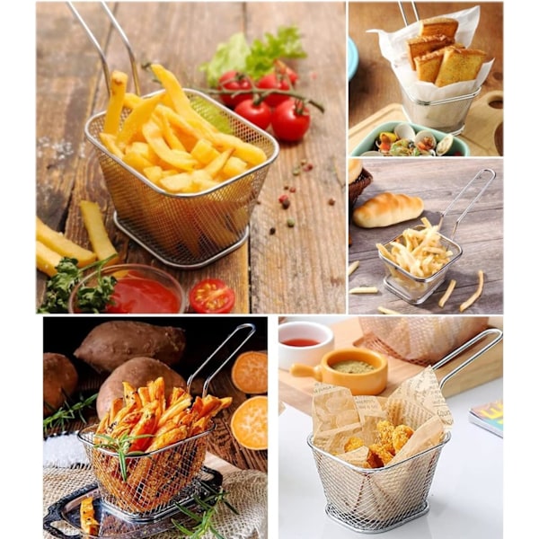 4 x Rustfrie pommes frites-kurver for servering med håndtak, nettfransk pommes frites-friteringskurv for reker løkringer