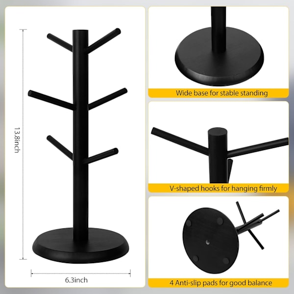 Kaffekoppholder, Tre Tykk Bunn Bambus Koppholder, Koppholder, Benkeplate Koppholder (svart)