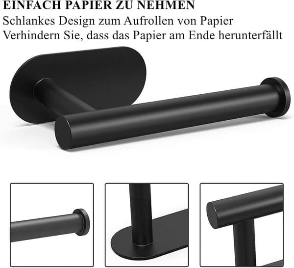 Sort Toiletpapirholder, Premium Holder Uden Boring, Rustfrit Stål
