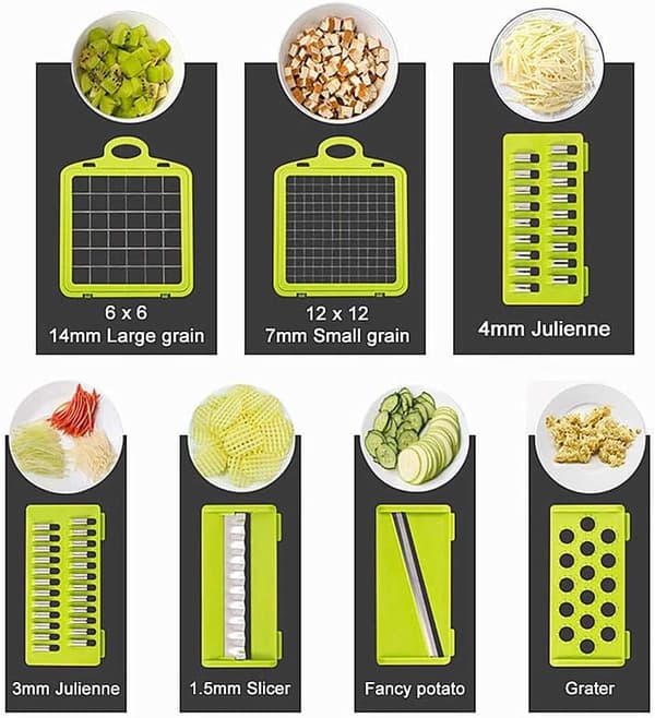 Grønnsaks- og mathakker, multifunksjonell med utskiftbare blad, ostestrimler, tomat, fruktsalat