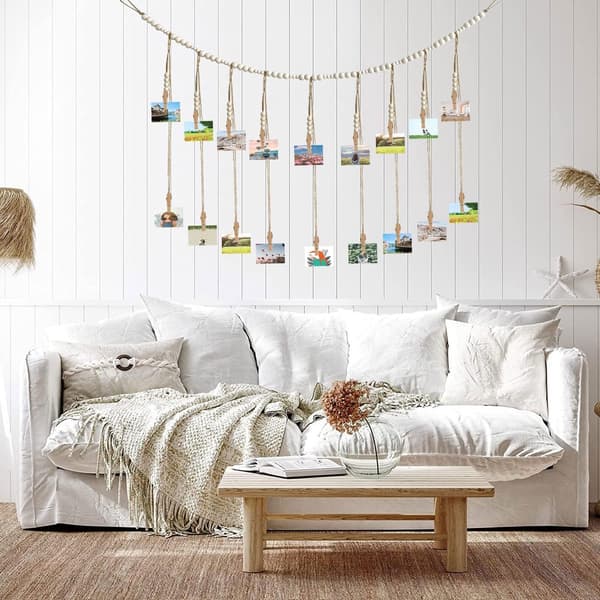 Boho vägghängd fotodekoration med träpärlor, makramé-bildvisning med 18 träklämmor för vardagsrum, sovrum, fest och bröllop
