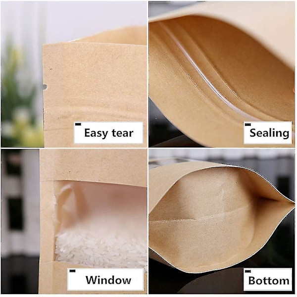 100 stk. Kraftposer med vindue, Stå op Ziplock Seal Papirpose, Madopbevaringspose - 16*26cm