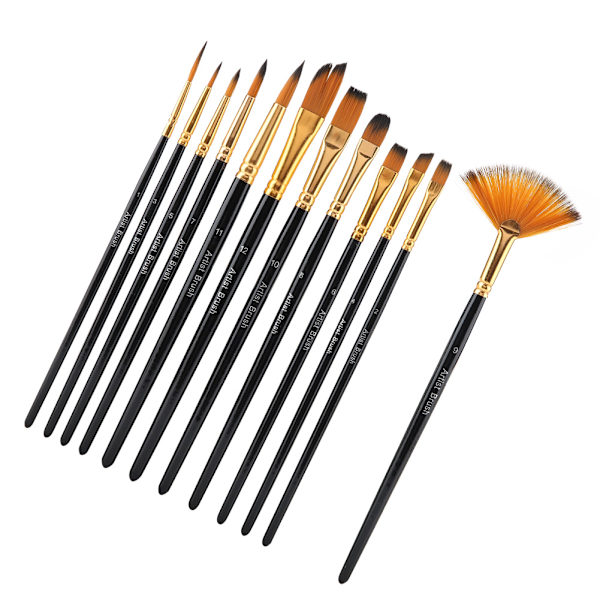 12-pack Svart Träpinne Nylon Hår Målarpensel Set Konst Hantverk Måleri Akvarell Pensel Kit