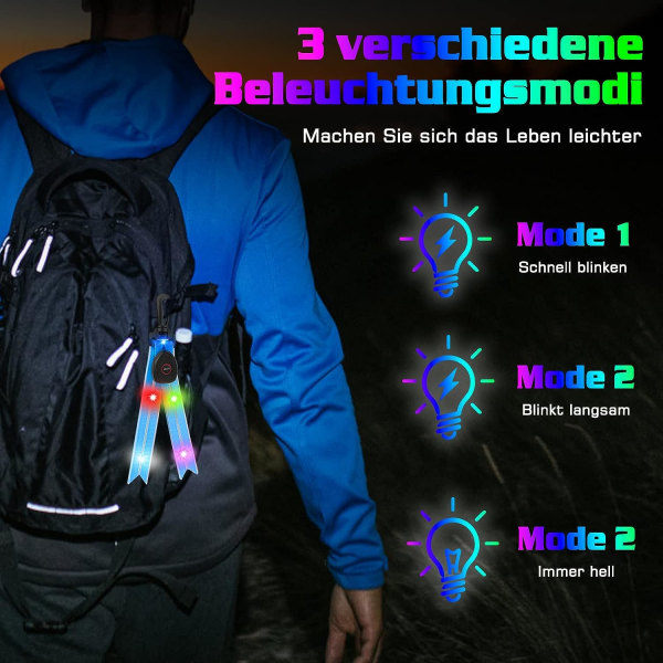 Blå 2-pak LED skoletaske blinkende lys Reflektorlys med farverige lys USB genopladelig blinkende lys reflektor til joggingvandring