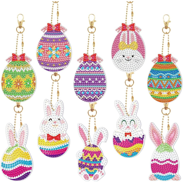 10 kpl timanttimaalaus lapsille, pääsiäinen, jänis, pääsiäismunat, timanttimaalaus, avaimenperäsetti, pääsiäislahja tai pääsiäislasten koristelu keychain easter