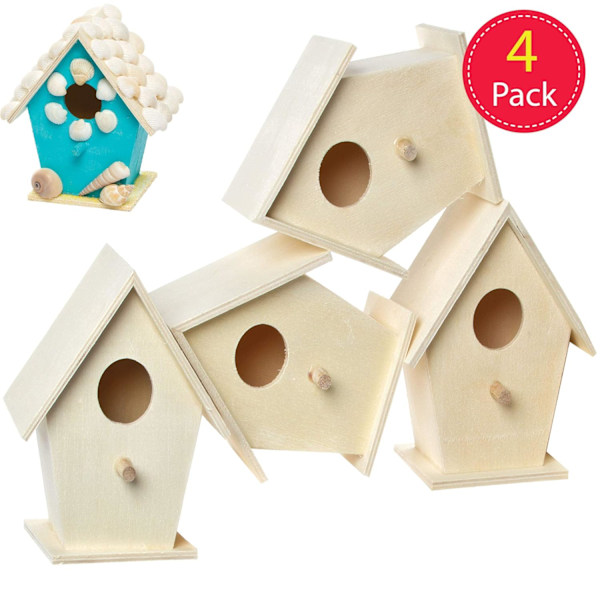 Miniatyr fågelholkar i trä (4-pack) för barnens dekoration, konst och hantverk, 12 x 9,5 cm