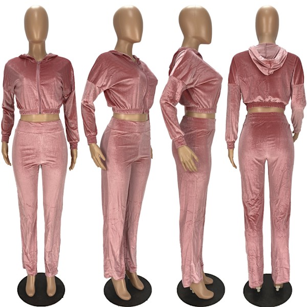 Höst/Vinter Dam 2-Delad Enfärgad Plysch Dragkedja Huva Elastisk Midja Byxor Casual Varm Set Rosa L pink l